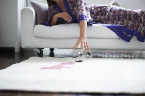 Woman spilling wine on white rug